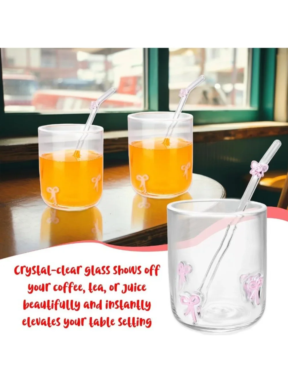 4 Set 14 oz Pink Bow Glass Cups with Straws - Aesthetic Handblown Drinkware for